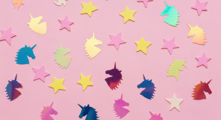 A playful arrangement of colorful unicorn and star confetti scattered across a vibrant pink backdrop, perfect for party decorations or whimsical designs.の素材