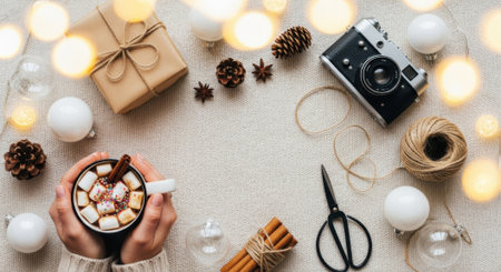 Overhead shot of a festive Christmas arrangement featuring hot chocolate, a vintage camera, and holiday decorations on a neutral surface with bokeh lights.の素材