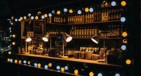A dimly lit bar counter adorned with festive string lights and task lamps, showcasing an array of bottles and bar essentials.の素材