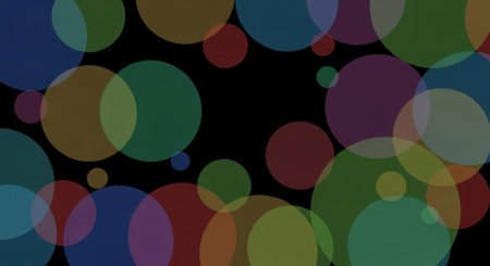 Abstract image featuring multiple translucent circles of various colors overlapping against a black backdrop, creating a vibrant and dynamic visual effect.の素材