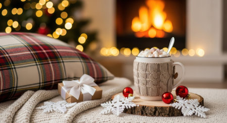 A warm mug of hot chocolate with marshmallows sits on a wooden slice, adorned with Christmas decorations, next to a gift and plaid pillow, with a fireplace and tree in the background.の素材