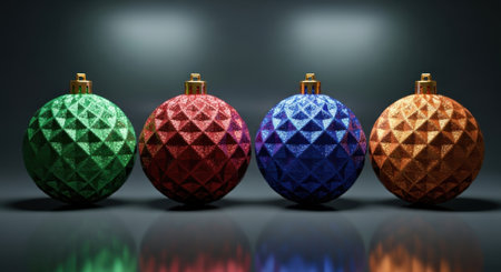A row of four vibrant Christmas ornaments, each with a unique color and geometric pattern, set against a dark, reflective surface.の素材