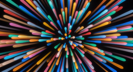 A vibrant burst of color and light creates a dynamic abstract explosion, capturing a sense of motion and energy in a visually stunning composition.の素材