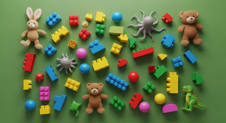 A vibrant assortment of toys, including plush animals and building blocks, scattered across a green surface, creating a cheerful and inviting composition.の素材