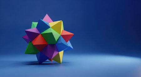 A complex multicolored geometric shape resembling a star, crafted from paper, sits on a smooth blue surface against a matching background, lit from the side.の素材