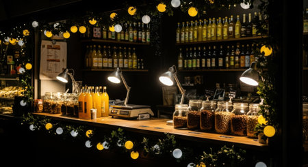 A charming Christmas market stall illuminated by fairy lights, offering a variety of warm beverages and treats, with shelves stocked with bottles in the background.の素材