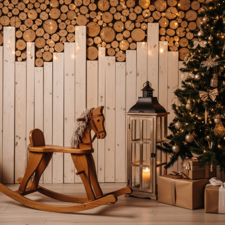 A charming Christmas setup featuring a classic wooden rocking horse, a beautifully decorated Christmas tree with lights and ornaments, and a rustic wooden wall background with stacked logs and white planks, creating a warm and festive holiday atmosphere.の素材