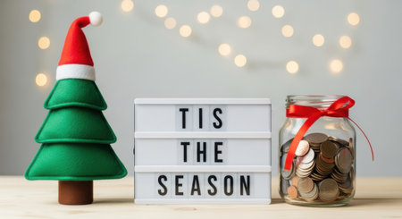 A charming holiday scene featuring a Christmas tree, a sign that says Tis the Season, and a jar filled with coins, symbolizing savings and the spirit of giving.の素材