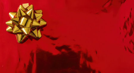 A vibrant golden bow sits on a reflective red background, creating a festive and celebratory atmosphere with ample space for text or additional design elements.の素材