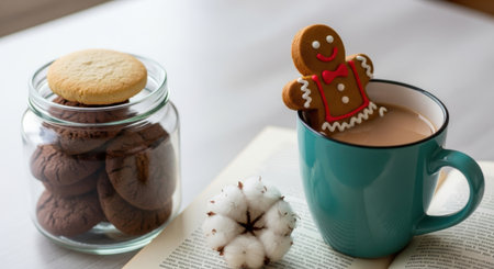 A gingerbread man cookie leans on a mug of hot chocolate, next to a jar of cookies and a cotton flower.の素材