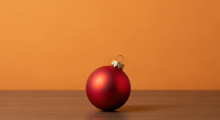 A single vibrant red Christmas ornament rests on a smooth wooden surface, set against a warm, solid orange background, creating a festive and minimalist holiday scene.の素材