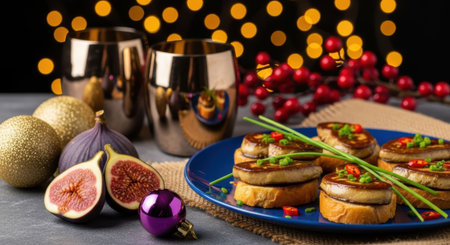 A close-up shot of elegant appetizers featuring figs and other ingredients, beautifully arranged on a blue plate, surrounded by festive holiday decorations and golden glasses, set against a backdrop of bokeh lights, perfect for a celebratory occasion.の素材