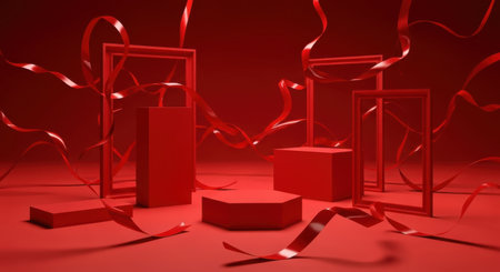 A minimalist red stage with geometric platforms and floating ribbons, creating an abstract and dramatic atmosphere.の素材