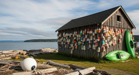 A weathered wooden shack stands on a grassy shore, its exterior covered in a vibrant collection of fishing buoys. Two green kayaks lean against the side of the building, with the calm ocean and distant land visible under a cloudy sky.の素材