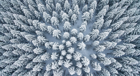 Stunning overhead shot of a winter forest covered in fresh snow, showcasing the intricate patterns of the trees.の素材