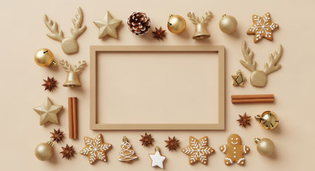 Top view flat lay of a festive Christmas composition. A blank wooden frame is surrounded by golden ornaments, reindeer, stars, pinecones, and gingerbread cookies on a beige background.の素材