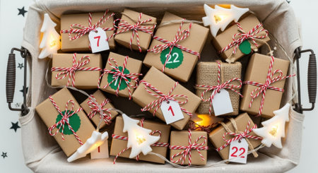 Top down view of a DIY Advent calendar filled with small gifts wrapped in brown paper and tied with twine. Festive Christmas countdown gifts in a fabric basket.の素材