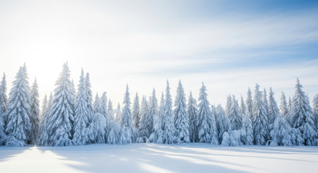 A breathtaking winter landscape featuring a dense forest of snow-laden pine trees under a clear, bright sky, with long shadows stretching across the pristine snow.の素材