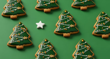 Christmas tree shaped cookies with green icing and white lines, a white star on a green background.の素材