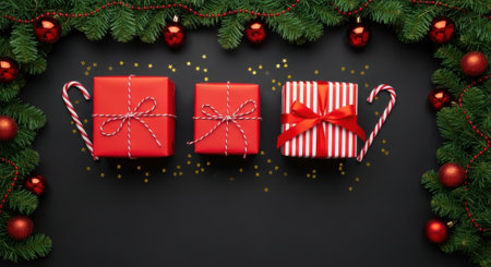 Three festive red gift boxes with bows, candy canes, and glitter arranged on a black surface surrounded by a garland of fir branches and red ornaments.の素材