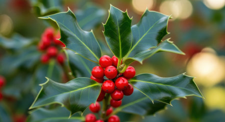 Detailed image of a holly plant showcasing its glossy green leaves and bright red berries, perfect for holiday themes.の素材