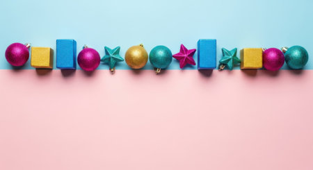 Top down view of a festive arrangement of colorful baubles, stars, and wooden blocks on a split pink and blue background with ample copy space.の素材