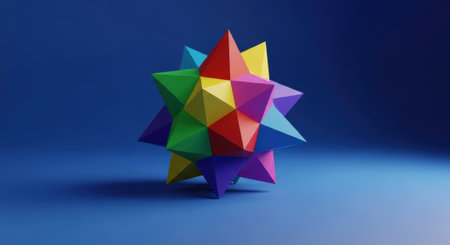 A vibrant, multi-faceted geometric star object, rendered in various bright colors, stands prominently against a solid blue background, creating a striking visual contrast.の素材