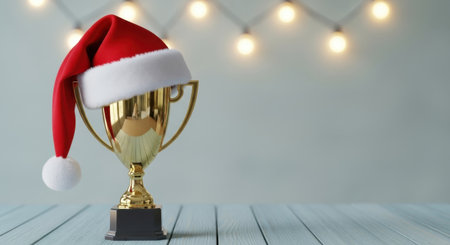 A gold trophy is adorned with a Santa hat, set against a backdrop of soft lights on a wooden surface, celebrating the holiday season.の素材