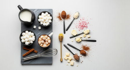 An overhead shot of various hot chocolate ingredients and toppings, including marshmallows, cocoa powder, and honey, artfully arranged.の素材