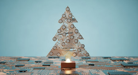 A unique Christmas tree crafted from electronic components and circuit boards, illuminated by a single warm candle against a cool blue background. A fusion of technology and tradition.の素材