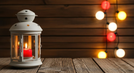 A white lantern with a red candle inside sits on a wooden surface, illuminated by string lights in the background, creating a warm and inviting atmosphere.の素材