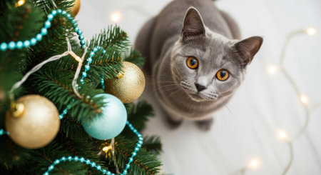 A charming gray cat with bright orange eyes looks up curiously next to a festive Christmas tree adorned with ornaments and twinkling lights.の素材