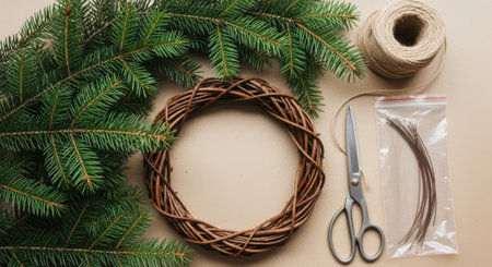 Overhead shot of various supplies laid out on a light brown surface, ready for crafting a homemade Christmas wreath. The items include fresh evergreen branches, a rustic grapevine wreath base, a roll of natural twine, a pair of vintage-style scissors, and a packet of brown floral wire.の素材
