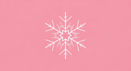 A minimalist illustration of a white snowflake with intricate details, set against a pastel pink backdrop, evoking a sense of winter and elegance.の素材