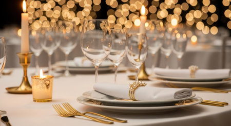 A beautifully arranged dinner table with white plates, golden cutlery, and wine glasses. The scene is illuminated by candlelight and a warm bokeh background of festive lights.の素材