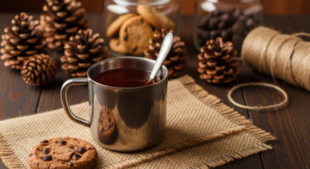 A warm and inviting still life featuring a metal mug of tea, chocolate chip cookies, pine cones, and twine on a rustic wooden table.の素材