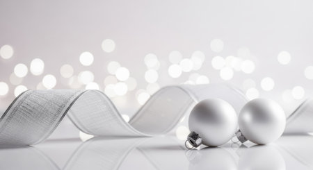 Two delicate silver Christmas ornaments rest beside a gracefully flowing silver ribbon, set against a soft, out-of-focus background of shimmering white bokeh lights, creating a serene and festive holiday atmosphere.の素材