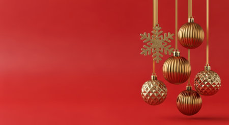 A collection of shiny golden Christmas baubles and a snowflake ornament hanging from ribbons against a vibrant red background. Festive holiday decoration with copy space.の素材