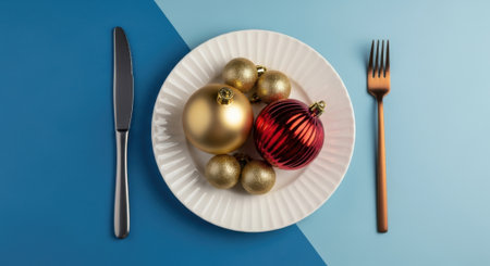 Top view flat lay of a holiday place setting. A white plate holds golden and red Christmas baubles, flanked by a knife and fork on a split blue background.の素材