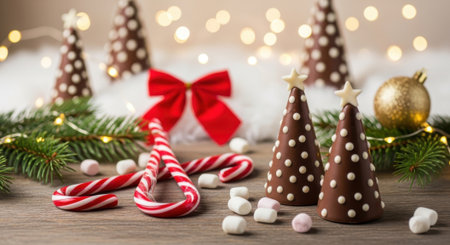 A charming holiday scene featuring homemade chocolate Christmas trees adorned with white sprinkles, candy canes, marshmallows, and a red bow, set against a backdrop of soft bokeh lights and evergreen branches.の素材