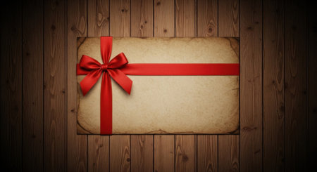 A vintage-style gift card with a vibrant red ribbon and bow, set against a warm, rustic wooden background. Perfect for holiday or special occasion themes.の素材