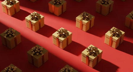 A high-angle shot showcases a grid of small, neatly wrapped gift boxes with golden bows, set against a vibrant red background with dramatic lighting.の素材