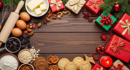 A Christmas baking scene featuring ingredients, gifts, and decorations arranged on a wooden surface, creating a warm and inviting holiday atmosphere.の素材