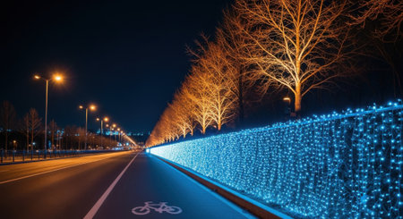 Captivating night scene of an empty city road and bike lane. A vibrant wall of blue lights contrasts with warmly illuminated trees, creating a magical urban landscape.の素材