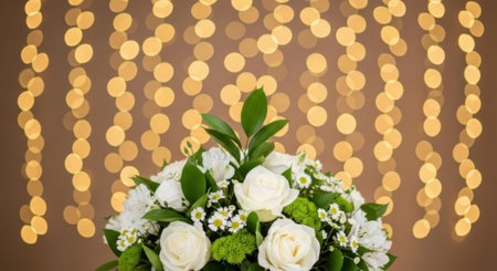 A beautiful bouquet of white roses and greenery is set against a soft, blurred background of warm bokeh lights, creating a romantic and festive atmosphere.の素材