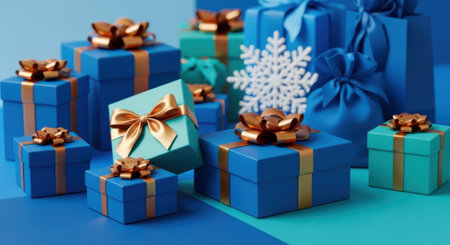 A collection of beautifully wrapped blue gift boxes adorned with shiny gold ribbons and a prominent snowflake ornament, evoking a sense of holiday cheer and celebration.の素材