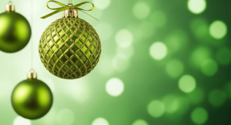 Three green Christmas ornaments, one with a textured pattern and bow, hang in front of a sparkling green background with soft bokeh lights. A festive holiday scene with copy space.の素材