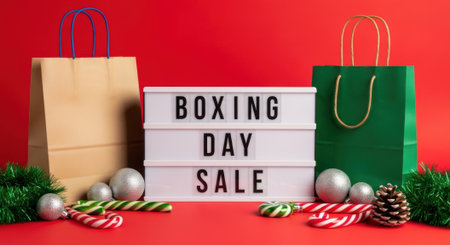A bright Boxing Day sale display featuring shopping bags, a light box sign, and festive decorations on a vibrant red background, perfect for holiday promotions.の素材