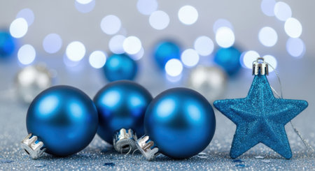 A close-up of shiny blue Christmas ball ornaments and a star-shaped decoration resting on a silver glitter surface. The background features beautiful out-of-focus bokeh lights.の素材