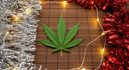 A vibrant cannabis leaf takes center stage amidst festive holiday decorations, creating a unique and eye-catching composition with tinsel and warm lights.の素材